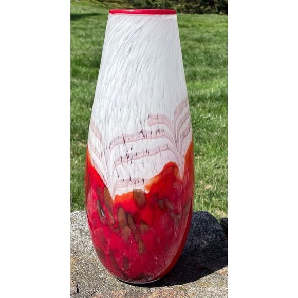Beautiful Hand Blown Amphora Art Glass Vase red white and gold 5.25" W x 15" H - Picture 1 of 4
